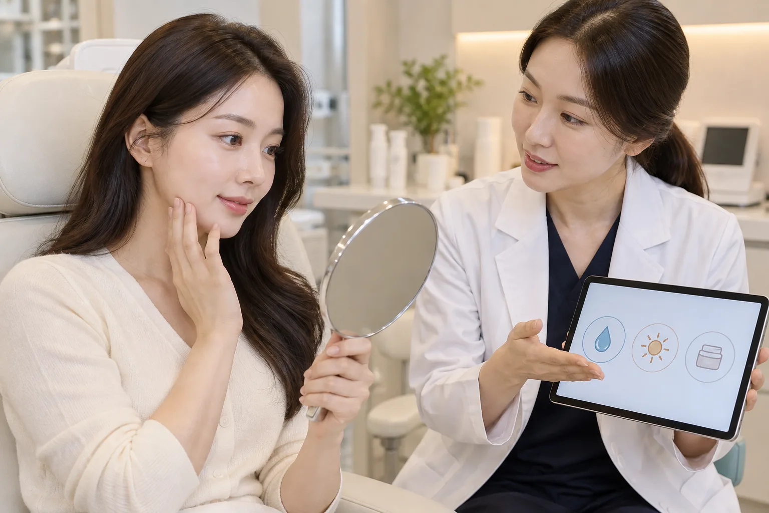 손거울로 피부를 확인하는 환자에게 보습과 자외선 차단 등 회복 관리를 설명하는 모습